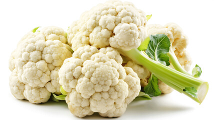  Fresh cauliflower heads with green leaves attached, showcasing their white, bumpy texture against a white background.