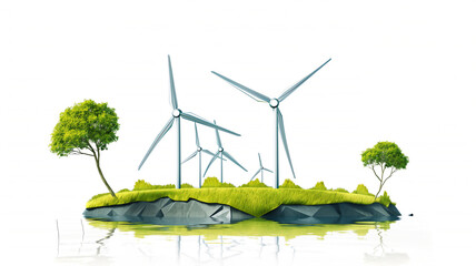Wind turbines on a grassy island with trees, reflecting in the water below, depicting a scene of renewable energy and nature.