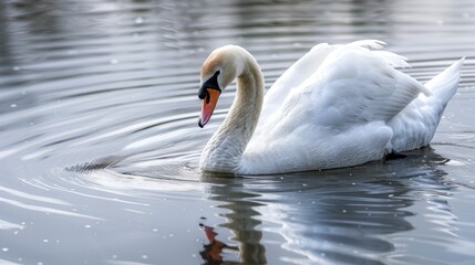 Fototapeta premium The graceful white swan dipped its beak in the water Text space available Ideal for desktop wallpaper