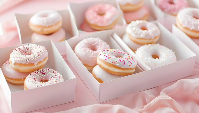 Delicious assorted donuts with pink and white frosting in boxes, perfect for celebrations, events, and sweet indulgence.