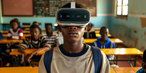 Student in a classroom using virtual reality headset for immersive learning experience with classmates observing.