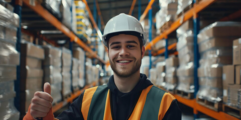 Smiling warehouse worker in safety gear and helmet, giving a thumbs-up in a well-organized storage facility.