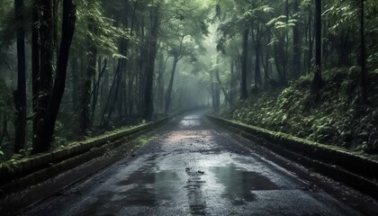 Fototapeta premium Scenic natural landscape view of a wet way through lush forest after rain with sunlight shines not far away. Generative AI.