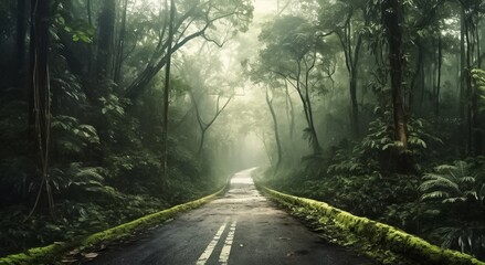 Fototapeta premium Scenic natural landscape view of a wet way through lush forest after rain with sunlight shines not far away. Generative AI.