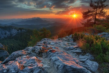 A dramatic mountain range view at golden hour, with sun rays piercing through the clouds, casting golden light on the rocky terrain and lush greenery below.