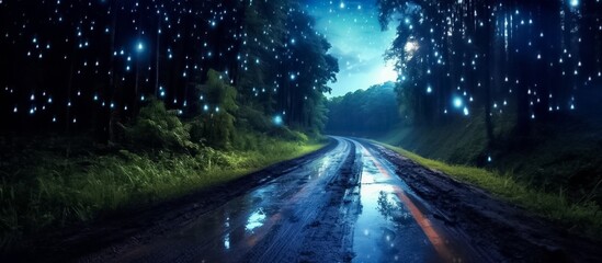 Scenic natural landscape view of a wet way through lush forest after rain with sunlight shines not far away. Generative AI.