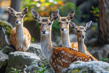 Obraz premium Group of four deer standing and observing their surroundings amidst rocks and greenery in the forest, showcasing nature's tranquility and wildlife's innocent curiosity.
