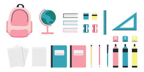 A collection of school supplies including a backpack, a ruler, a pencil