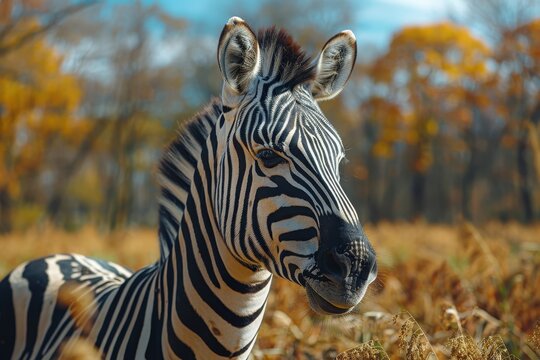 A zebra with distinct black and white stripes stands proudly in an autumn landscape, surrounded by golden foliage under a clear blue sky, exuding a calm demeanor.