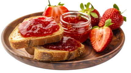 Strawberry jam on bread toast on transparent background