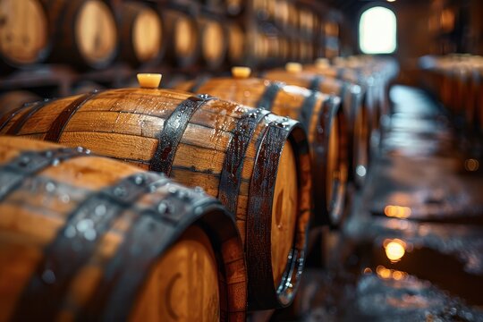 Photograph depicting moist wooden barrels lined up in a dimly lit wine cellar, indicating the conditions necessary for aging wine, with light reflecting off the barrels' surfaces.