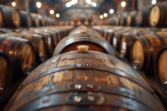 A long perspective shot of a warehouse filled with numerous wooden barrels capped with stoppers, showcasing the depth and scale of a cellar storing aging liquor or wine.