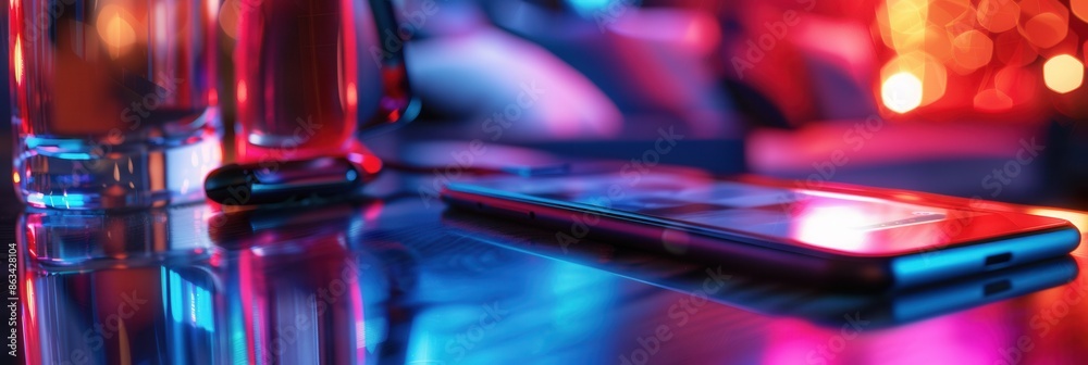 Fototapete a close-up of a smartphone displaying video content in a vibrant neon-lit environment. generative ai