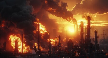 Industrial Complex Burning at Sunset With Smoke and Flames