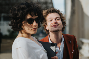 Two friends enjoying a casual and playful moment outdoors in natural daylight. One person is wearing sunglasses.