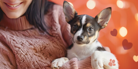 a person adopting a pet from a shelter, with hearts prints, promoting animal adoption and welfare