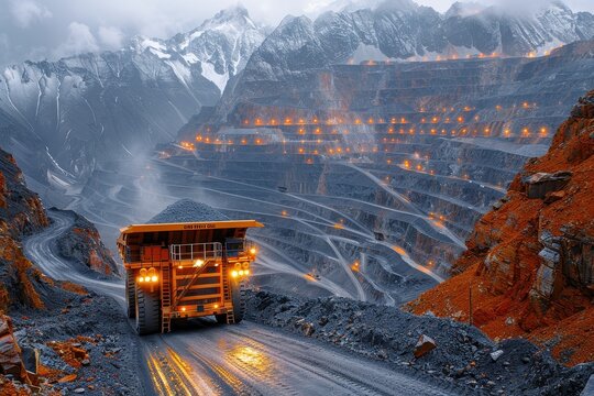 A large mining truck driving down a terraced open pit mine, illuminated by numerous lights; the scene emphasizes the massive scale and industrious nature of the mining activity.