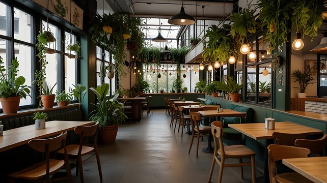 Garden-themed cafe with hanging plants and floral prints.




