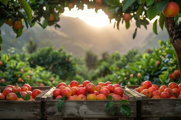 A picturesque scene showcasing wooden crates overflowing with freshly picked apples, placed in a sunlit orchard with rolling hills in the background, symbolizing nature's abundance.