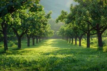 Obraz premium A beautifully lush green orchard pathway with rows of well-pruned trees, illuminated by soft morning light, creating a scene of tranquility and natural beauty.
