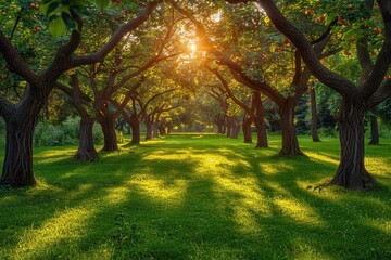 Fototapeta premium Image of an orchard with multiple rows of apple trees, bathed in the warm glow of a setting sun, creating a picturesque and serene agricultural landscape.