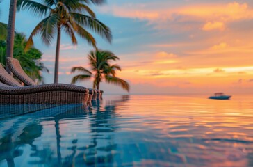 Obraz premium Tropical Sunset View From Poolside Lounger