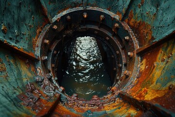 Fototapeta premium An impactful image showing the entrance of a rusted, industrial tunnel with flowing water visible inside, illustrating wastage management infrastructure amidst decayed structures.