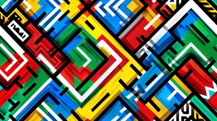 Seamless pattern of the South African flag in a handdrawn style, depicting a green Yshape, with blue, red, and black sections and white and yellow detailing