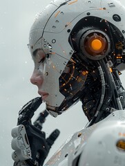 Alone and with a sorrowful demeanor, the robot exudes a sense of loneliness and sadness, its mood reflecting a somber tone.