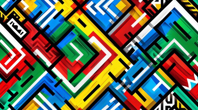 Seamless pattern of the South African flag in a handdrawn style, depicting a green Yshape, with blue, red, and black sections and white and yellow detailing