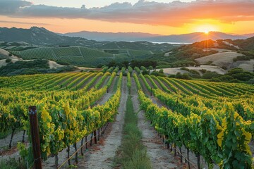 A stunning sunset over a vast vineyard landscape, casting a warm glow over the rows of grapevines. The golden light and horizon create a breathtaking visual experience.