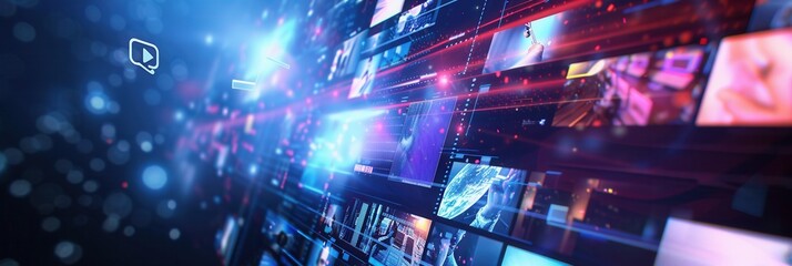 A digital screen displays various video streams with a vibrant blue and red color palette. Generative AI