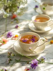 A cup of flower tea on a marble counter. 