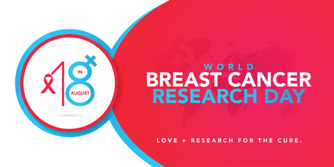 World Breast Cancer Research Day vector. Pink cancer awareness ribbon, science icons and world map silhouette vector isolated on a white background. August 18. Important day