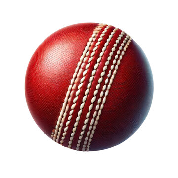 Close-up of a red cricket ball with stitched seam, isolated on a white background. Perfect for sports and cricket-related content.
