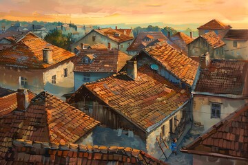 Scenic view of a rustic village with old tiled roofs, capturing the charm of traditional architecture during a picturesque sunset.