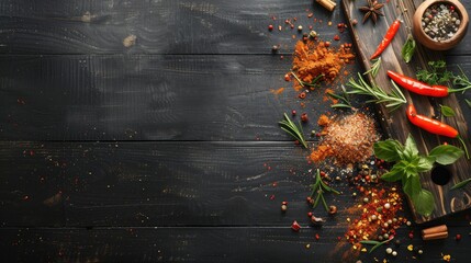 Assorted spices and herbs on a wooden surface with a black background Top down view with space for text