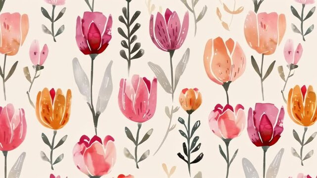 Delicate watercolor tulips in shades of red, pink, and peach against a light background. Loose, artistic brushstrokes define the flowers and stems. Scattered dots and dashes add texture and whimsy. 