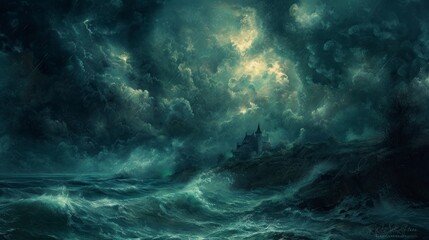 Fototapeta premium Stormy sky in dark cyan and light black hues.