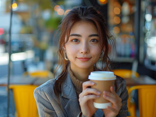 Smiling Young Japanese Woman Enjoying Coffee at Outdoor Café