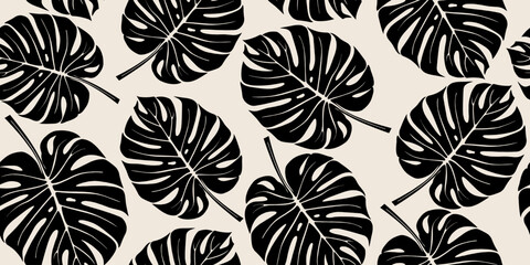 Monstera leaf seamless pattern. Hand drawn tropical leaves. Modern print in black and white color. natural ornaments for textile, fabric, wallpaper, home decor, background.