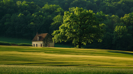 Photo of a big green field, a house middle of the field and it's a duplex royal menson, a big tree, high resulation and bright color