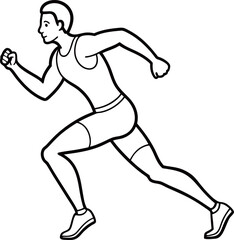 Black and White Cartoon Illustration of a Male Runner or Runner Running