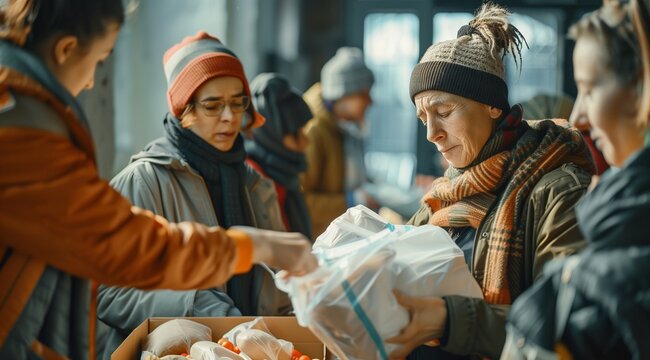 diverse poor people getting food aid at a non profit organization center. Team of volunteers giving multiethnic needy citizens food and hygiene supplies. Help, charity and donation concept.