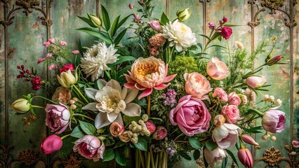Whimsical floral arrangement featuring peonies, roses, and lilies amidst lush greenery, set against a distressed vintage wallpaper with subtle texture and ornate details.