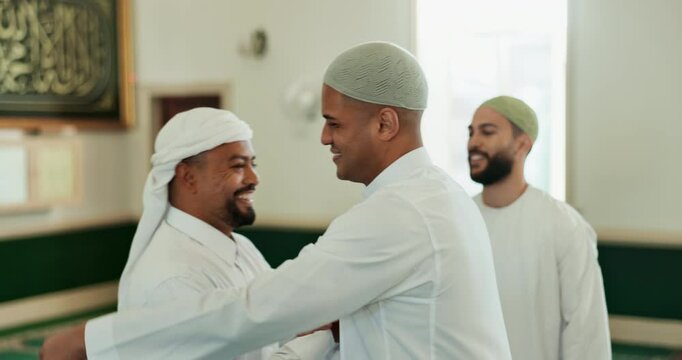 Muslim, greeting and friends hug in mosque for community, support and hello for Islamic leader. Holy temple, prayer and men in religious building for Ramadan Kareem, Eid Mubarak and faith together