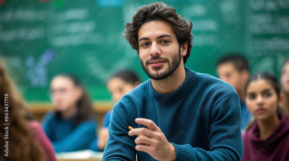 Poster young college student asking question during class lecture