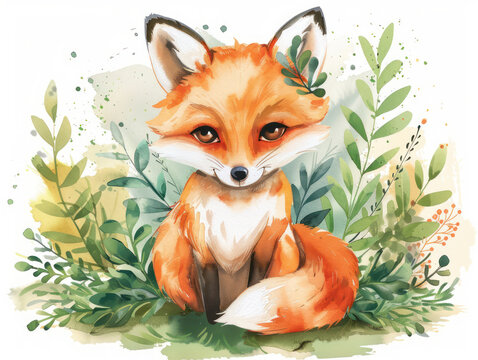 Adorable Cute Fox in Watercolor Cartoon Style with Whimsical Forest Background, Playful Pose Perfect for Children's Books and Nursery Decor High Quality Art Illustration Print
