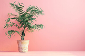 Fototapeta premium A potted plant sits on a pink wall. The plant is tall and green, and the pot is white. The scene is simple and peaceful, with the plant providing a sense of calm and tranquility