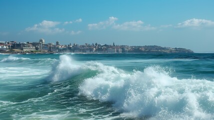 Naklejka premium 5. A panoramic view captures the energetic surf crashing onto Bondi's shores, as the bustling city of Sydney hums in the distance.
